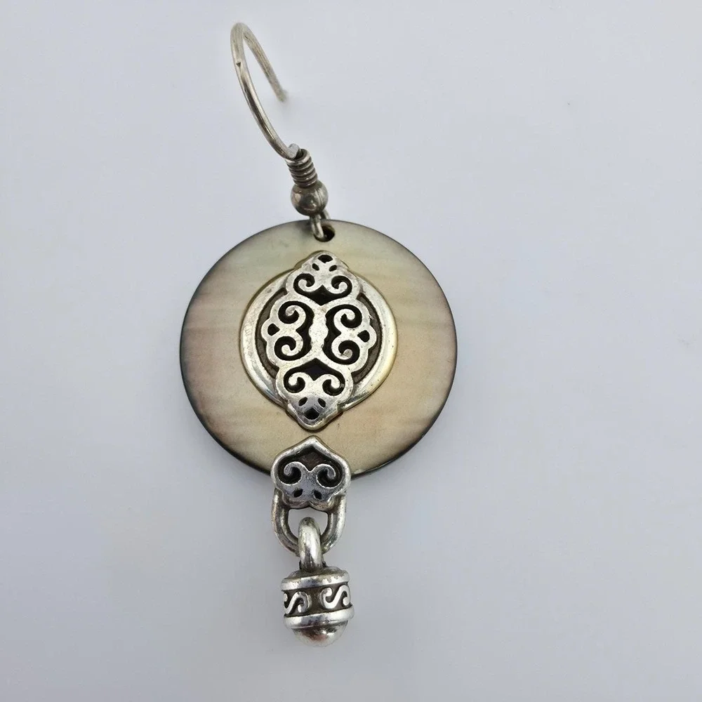 BRIGHTON 'Romano Shell' Earrings Mother Of Pearl Dangle Ornate Silver Plate 2
